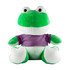 A green frog plush toy wearing a purple shirt, with large eyes and a friendly expression.