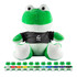 A large green frog plush toy with a black shirt, surrounded by smaller frog plush toys in various colours.