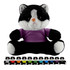 A large black and white cat plush with a purple shirt, surrounded by smaller cat plushes in various vibrant colours.