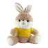 A fluffy brown rabbit plush toy with a white face and ears, wearing a yellow shirt. It has a cute, smiling expression.