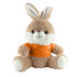 A plush rabbit toy in light brown, wearing an orange T-shirt, with fluffy ears and a smiling face.