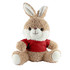 A brown and cream rabbit plush toy with floppy ears, wearing a red shirt, seated with a friendly expression.