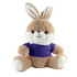 A plush rabbit toy with soft brown fur, white accents, and a purple shirt, sitting upright with a friendly expression.