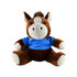 A brown plush horse with a white snout, wearing a blue shirt. The horse has a soft, cuddly appearance.
