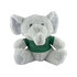 A grey elephant plush toy wearing a green shirt, featuring large ears and a friendly expression.