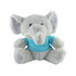 A soft grey plush elephant wearing a light blue shirt, featuring large ears and a friendly expression.