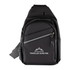 A black sling bag with a zippered compartment and a logo, featuring a sleek design.