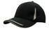 A black hat featuring peak trim, sandwich design, and crown inserts with contrasting stitching. It has a logo.