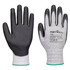 A pair of black and grey gloves with a textured grip and a logo, featuring a grey knit wrist.