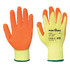 A pair of gloves with orange fingertips and a yellow base, featuring a green wrist cuff and a logo on the palm.