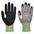 A pair of nitrile gloves featuring a black palm and grey fabric, with yellow accents and a logo.