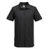 A black short-sleeve polo shirt with a zip collar, featuring a logo on the chest.