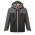 A black and grey shell jacket with an orange zipper and accents, featuring a hood and multiple pockets.