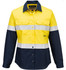 A high-visibility shirt featuring yellow and dark navy with reflective stripes and a logo on the chest.