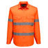 A bright orange long-sleeve shirt with reflective strips and a logo on the chest. Features two front pockets.