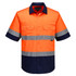 A short-sleeved shirt featuring fluorescent orange and navy, with reflective stripes and front pockets.