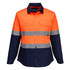 A bright orange and navy long-sleeve shirt with two pockets and reflective stripes. Features a logo on the chest.