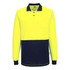 A long-sleeve polo shirt in bright yellow with a navy blue lower section and a pocket. Features a logo.