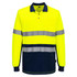 A long-sleeve polo shirt in high-visibility yellow with navy contrast and reflective stripes, featuring a logo.