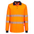 Hi-Vis long-sleeve cotton polo shirt in orange with reflective stripes and a dark blue collar. Includes a chest pocket.