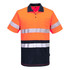 A Hi-Vis orange and navy polo shirt with reflective stripes and a pocket. The shirt features a logo on the chest.