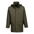 A khaki waterproof jacket with a hood, featuring snap buttons and pockets, along with a logo.