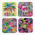 A set of four 5mm neoprene coasters, featuring vibrant floral designs in pink and green, with a palm tree and crab motifs.