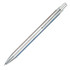 A metallic silver pen with a sleek design, featuring a clip and a smooth writing tip. Includes a logo.