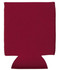 A maroon neoprene stubby holder with a base and sides designed to fit around drink bottles. It has a logo.