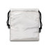 A small satin gift bag in white with black drawstring ties. Features a smooth, glossy surface.