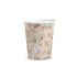 A compostable paper cup, 230ml, featuring a beige design with various illustrated items. It has a logo.
