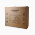 A cardboard box containing a transparent speaker with RGB LED lighting. It features icons for Bluetooth and power.