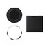 A black circular phone grip and stand with a silver ring, enclosed in a matching black holder.