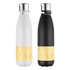 A drink bottle set featuring a white and a black bottle, both with a wooden section and metal caps.