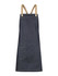A denim bib apron featuring beige straps and a front pocket, designed for workwear use.