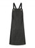 A black bib apron with adjustable straps and a front pocket, featuring metal buttons.