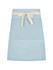 A light blue waist apron with a cream tie and a front pocket. It features a logo on the fabric.