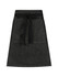 A waist apron in a dark charcoal colour with a black tie waistband and a simple design. Features branding.