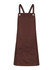 A brown bib apron featuring adjustable straps and a front pocket, with a logo on it.