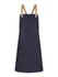 A navy blue bib apron featuring brown adjustable straps and a side pocket. It includes a branding logo.