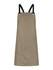 A khaki bib apron featuring black straps and a front pocket, with a logo present.