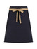 A navy waist apron with a tan tie and two front pockets. Features a logo at the top.