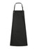 A black bib apron featuring a pocket and adjustable straps. The design includes a logo.