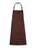A brown bib apron with a pocket and adjustable strap, featuring a logo at the top.