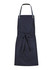 A navy blue bib apron with a tied waist and front pockets, featuring a logo on the fabric.