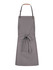 A grey bib apron with adjustable straps and a front pocket, featuring a logo on the fabric.