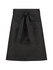 A black waist apron with a bow tie and two front pockets, featuring a logo on the fabric.