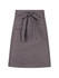 A grey waist apron featuring a front pocket and a tied waist. It has a minimalist design and includes a logo.