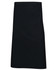 A black short waist apron with a front pocket and a simple design. It features a logo on the fabric.