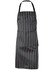 A black and white striped butcher's apron with a neck strap, featuring a logo.
